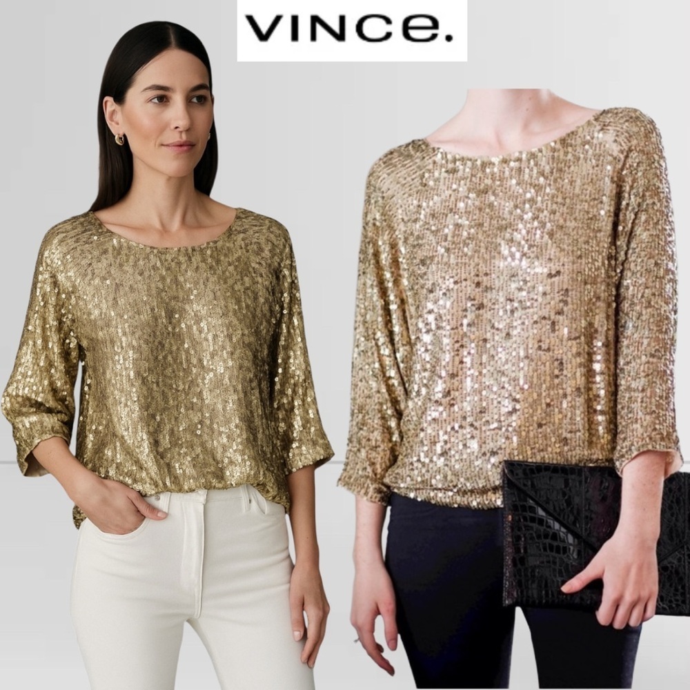 Vince Champagne Gold Sequin Blouse Dolman Cocktail NYE Sparkles Holiday Party XS